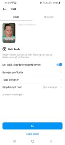 Sørg for at du har slått på feltet som heter "Del også i oppdateringsstrømmen" når du deler din Reel.